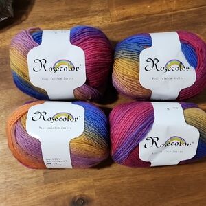 4 Pc 100% Wool Rosecolor Rainbow Yarn 50gm Each. Soft To Touch